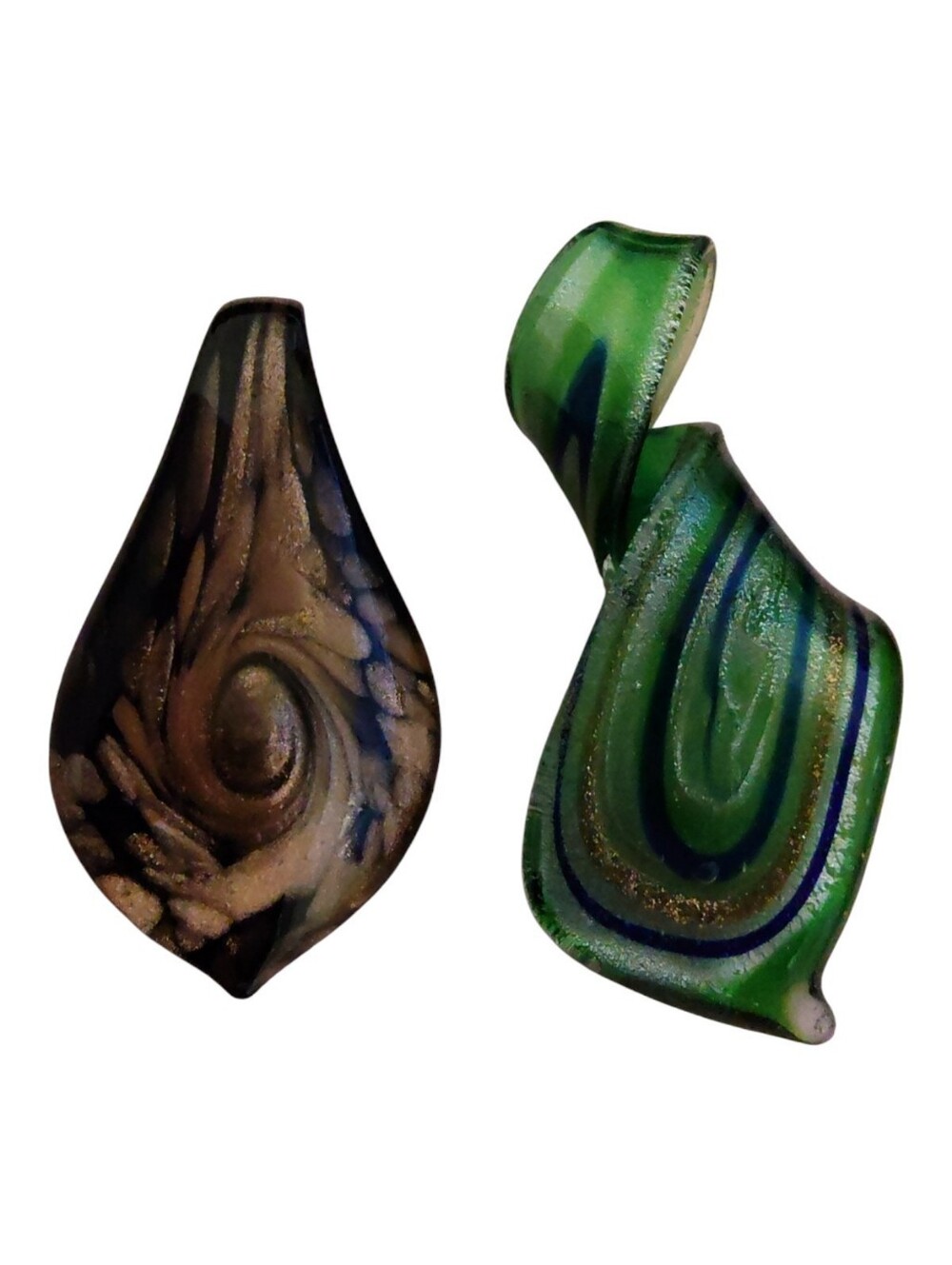 Set of 2 Colorful Art Glass Swirl Pendants – Green Black Gold Statement Jewelry